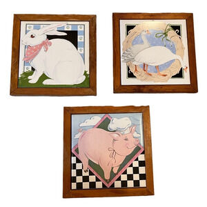 Vintage Vandor 1981 7” x7” Trivets set of 3 Bunny, Pig, Goose Pelzman Framed